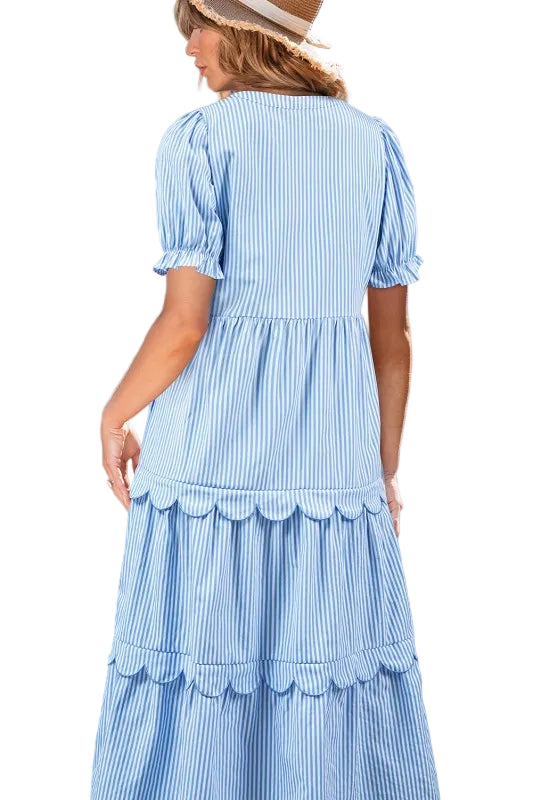 Noah Stripe Tiered Scallop Long Dress