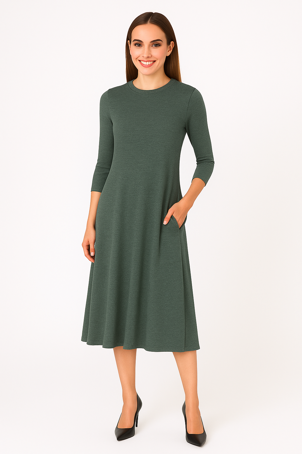 Mid-Calf 3/4 Sleeve Swing Dress with Pockets