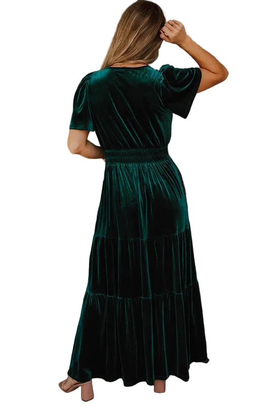 Women Short Sleeve Shirred Waist Tiered Maxi Dress