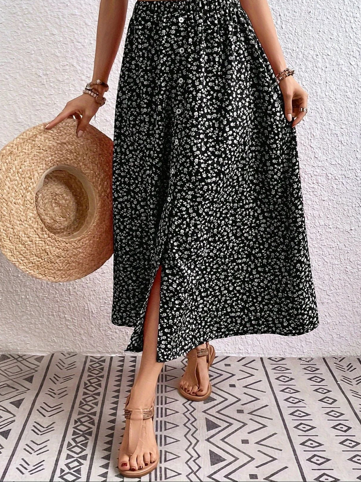 European And American Printed Breasted Self-tie Summer Pastoral A- Line Skirt Advanced Skirt