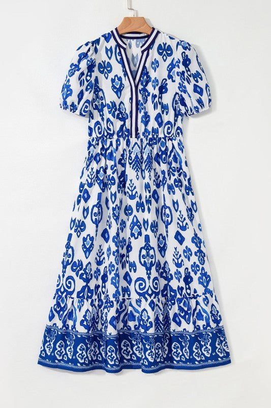 Julietta Floral Puff Short Sleeve V Neck High Waist Dress