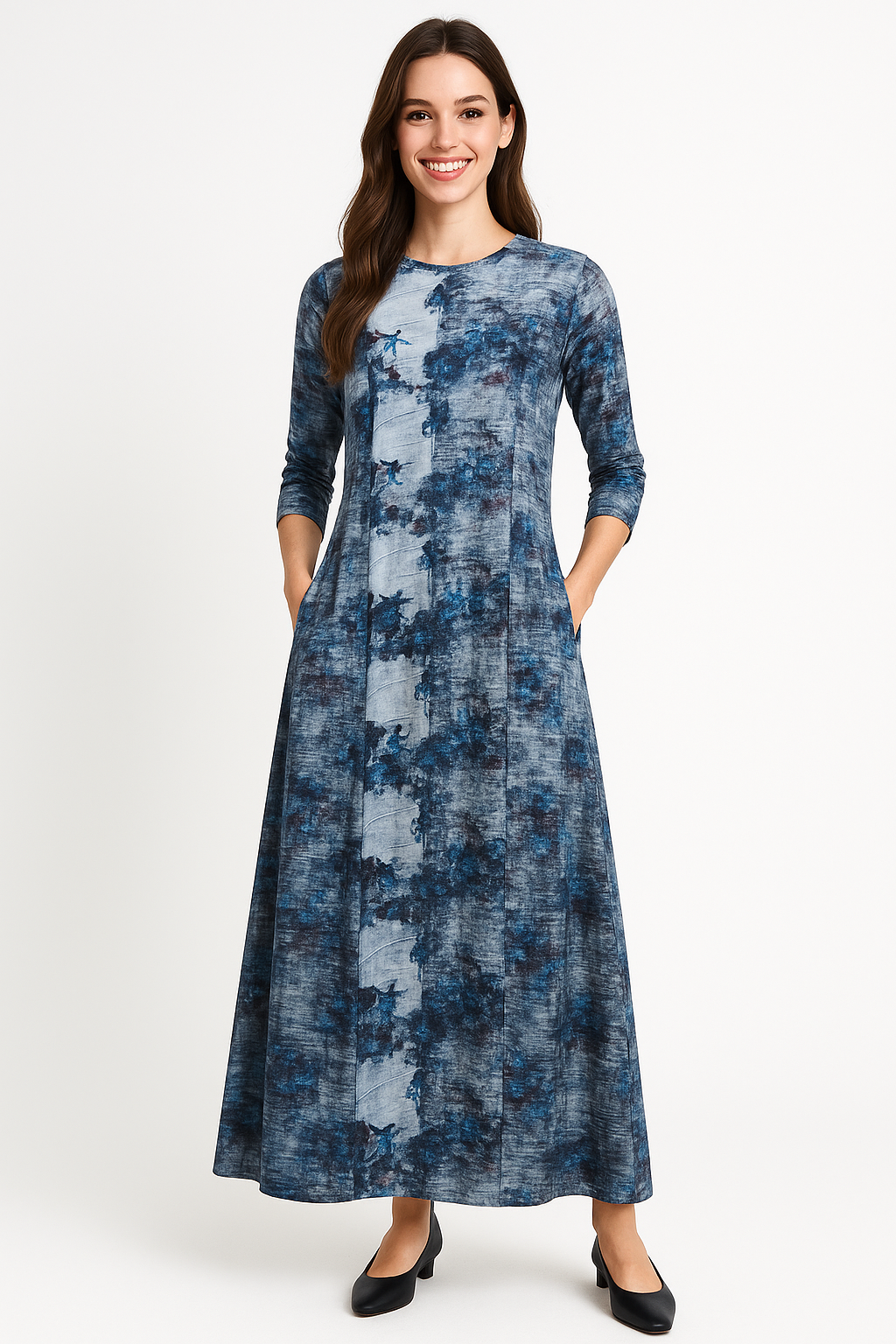 Fitted Bodice Maxi Summer Dress with 3/4 Sleeves with Pockets