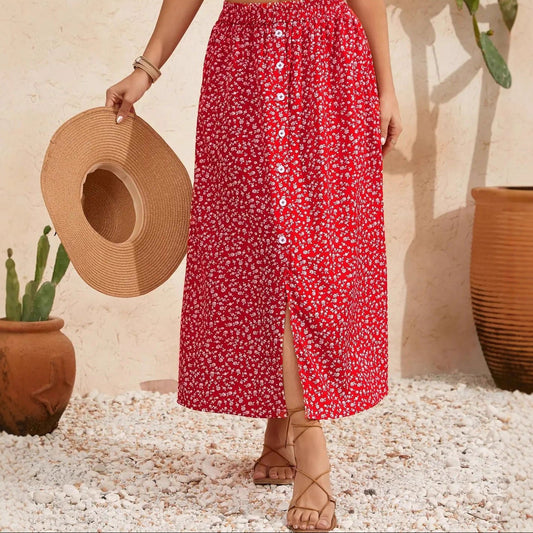 European And American Printed Breasted Self-tie Summer Pastoral A- Line Skirt Advanced Skirt