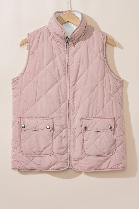 Solid Fleece Lined Quilted Vest Coat