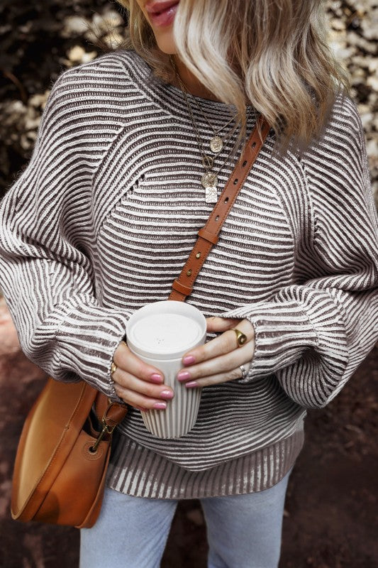 Stripe Ribbed Knit Boat Neck Sweater