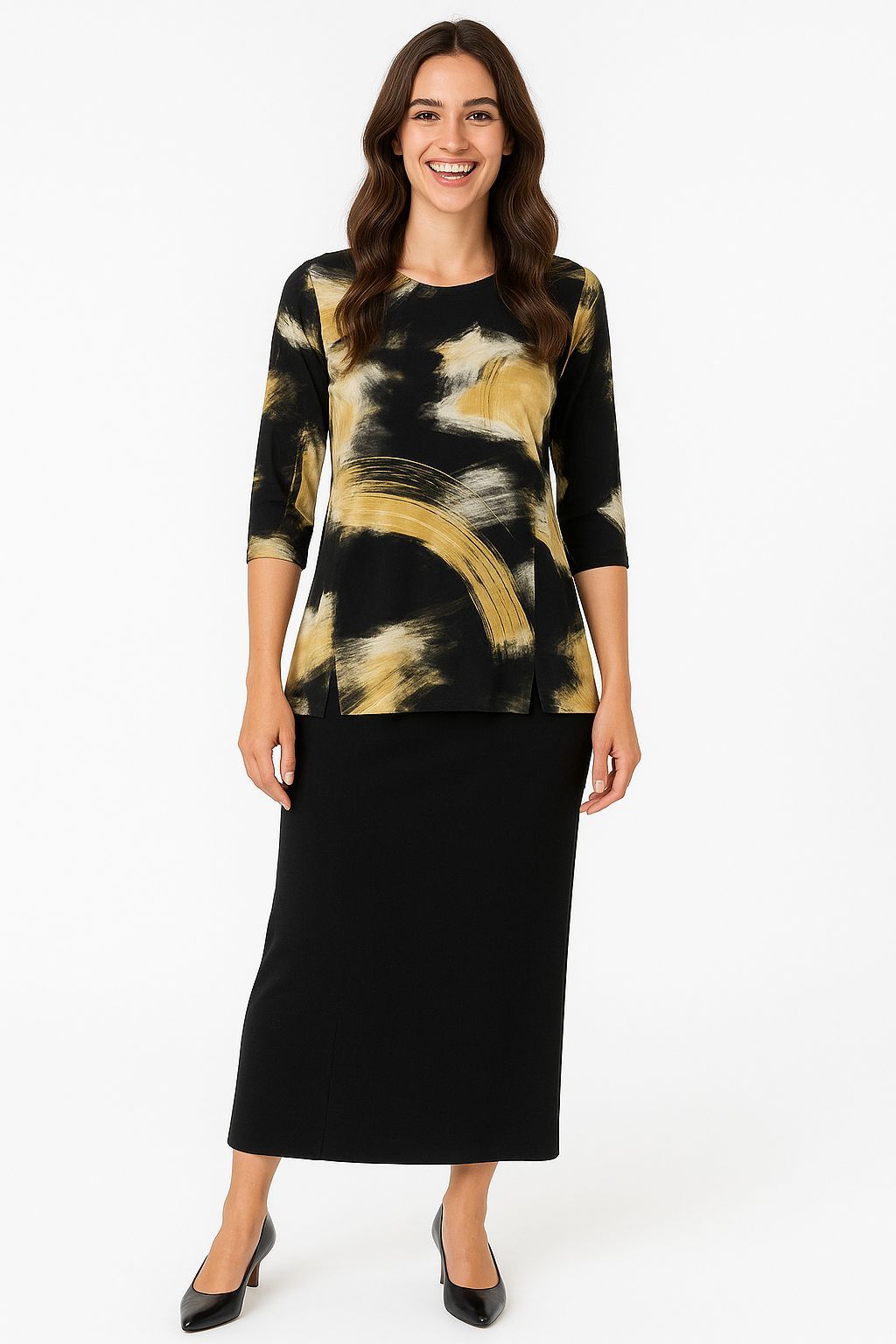 Modest Flow Tunic - High Neckline, 3/4 Sleeves with Modern Slit Detail