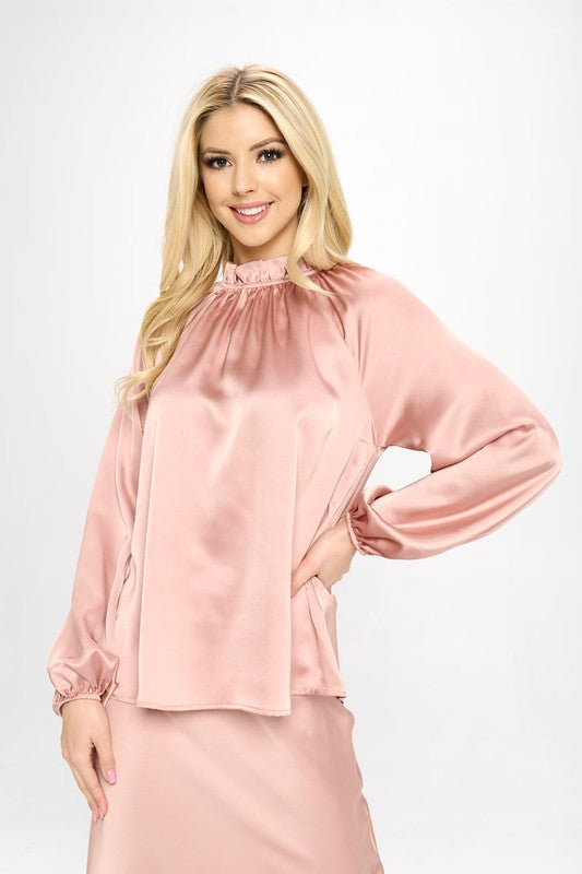 Renee C. Solid Satin Ruffle Mock Neck Top - PLUS in Pink
