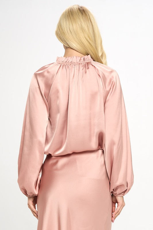 Renee C. Solid Satin Ruffle Mock Neck Top - PLUS in Pink
