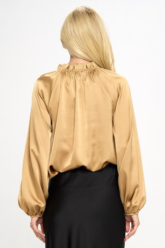 Renee C. Solid Satin Ruffle Mock Neck Top - PLUS in Gold