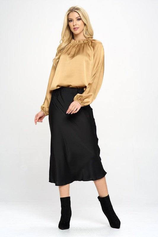 Renee C. Solid Satin Ruffle Mock Neck Top - PLUS in Gold