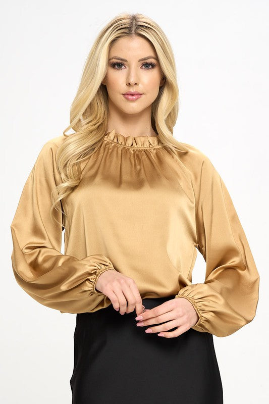 Renee C. Solid Satin Ruffle Mock Neck Top - PLUS in Gold