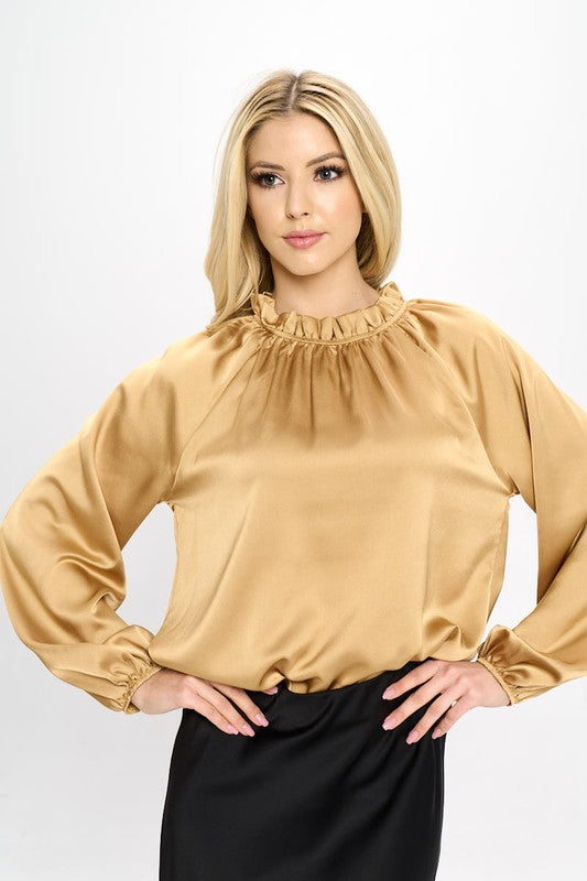 Renee C. Solid Satin Ruffle Mock Neck Top - PLUS in Gold