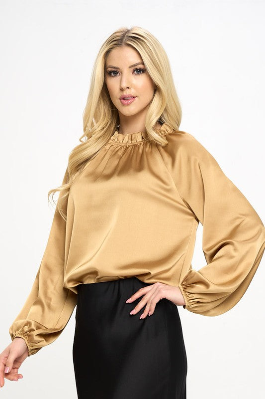 Renee C. Solid Satin Ruffle Mock Neck Top - PLUS in Gold
