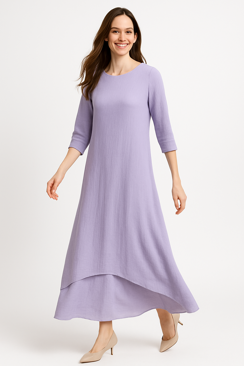Modest Maxi Dress - Three Quarter Sleeve Soft Cotton Crinkle Fabric Double Layer Design