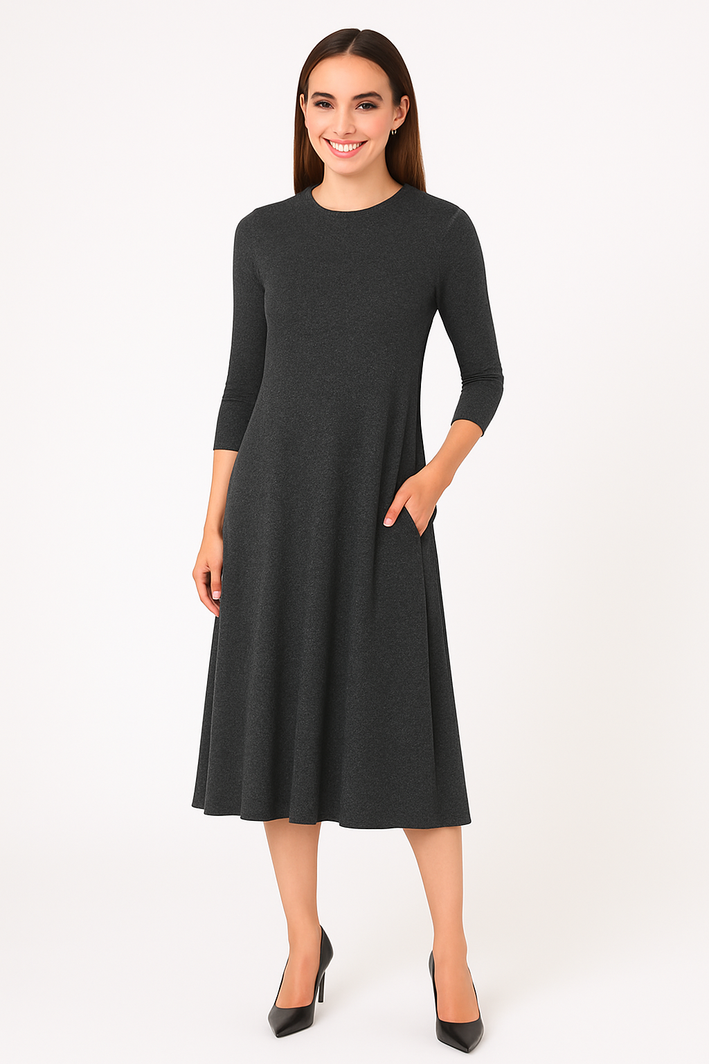 Mid-Calf 3/4 Sleeve Swing Dress with Pockets