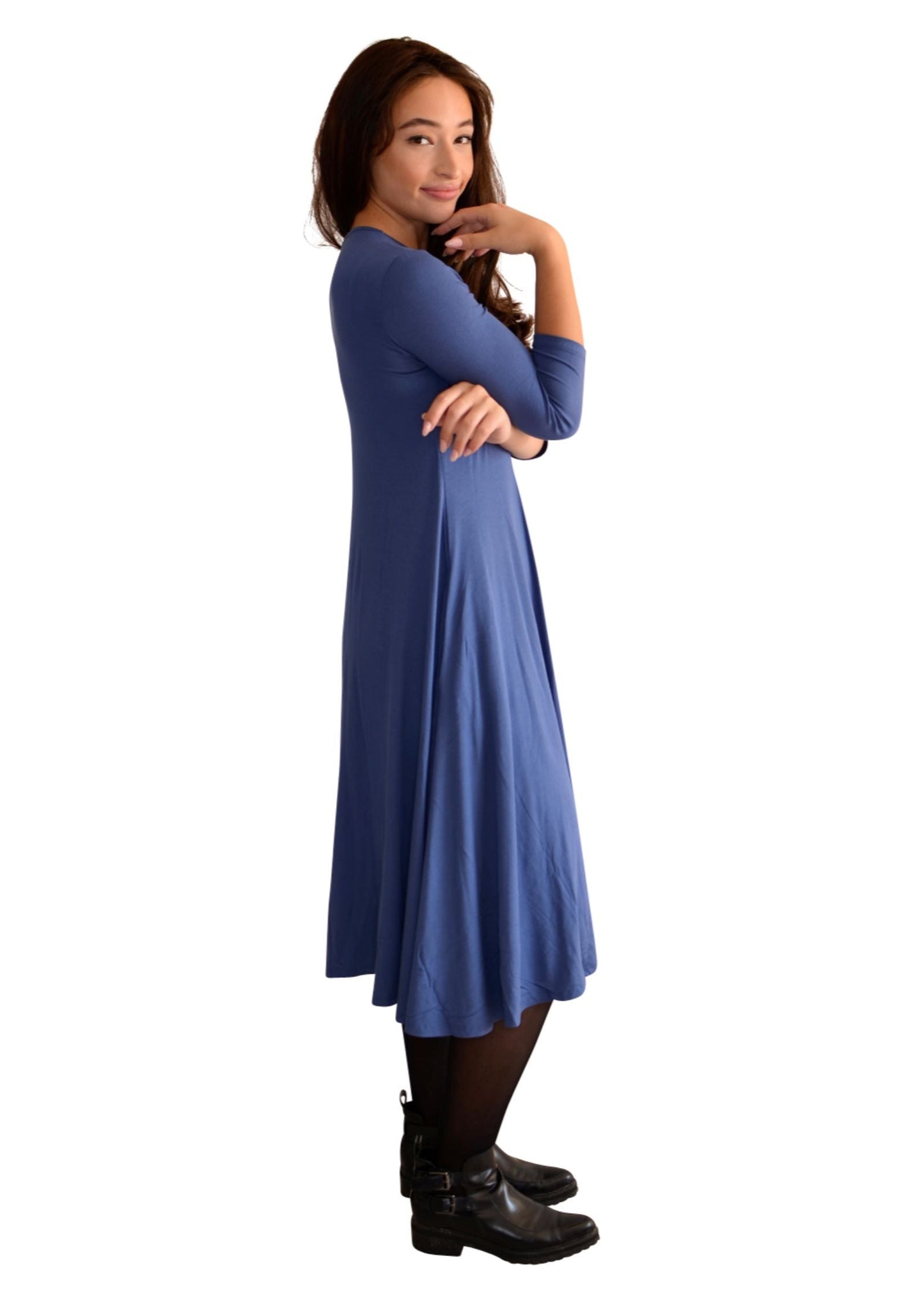 Mid-Calf 3/4 Sleeve Swing Dress with Pockets