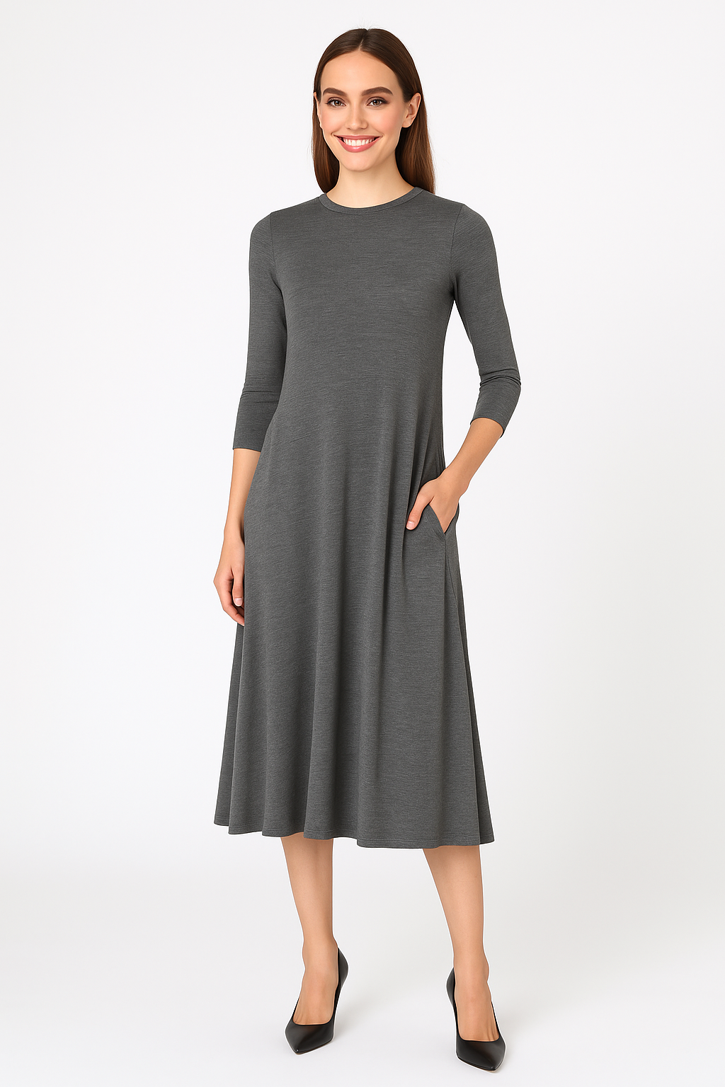 Mid-Calf 3/4 Sleeve Swing Dress with Pockets
