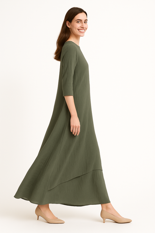 Modest Maxi Dress - Three Quarter Sleeve Soft Cotton Crinkle Fabric Double Layer Design