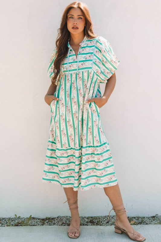 Billie Striped Floral Tie Split Neck Puff Sleeve Midi Dress