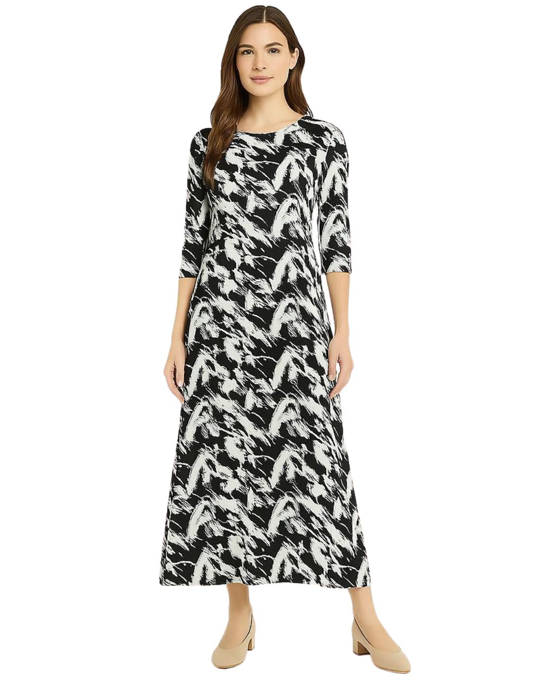 Fitted Bodice Maxi Summer Dress with 3/4 Sleeves with Pockets