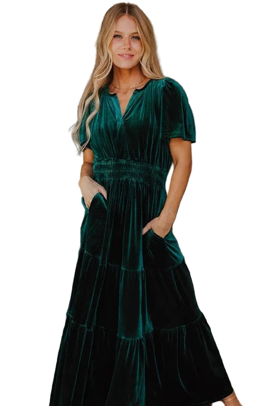 Women Short Sleeve Shirred Waist Tiered Maxi Dress