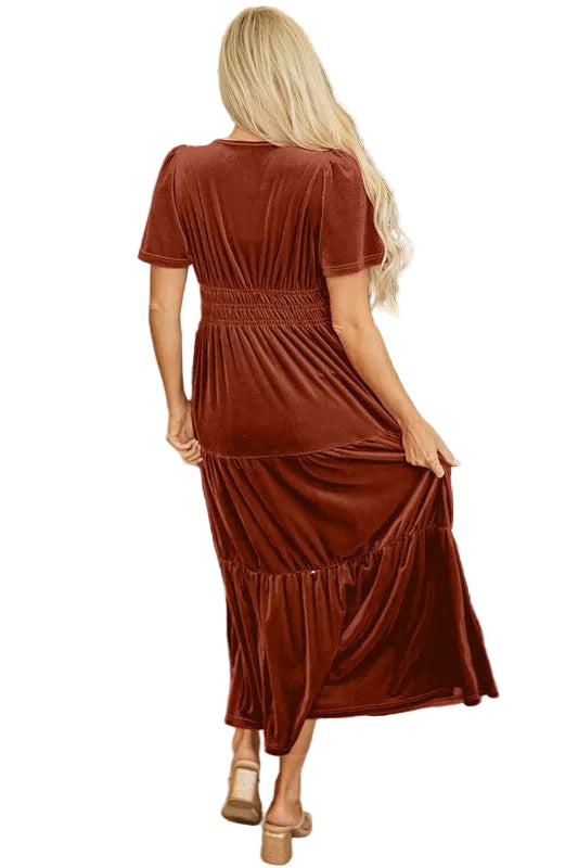 Women Short Sleeve Shirred Waist Tiered Maxi Dress