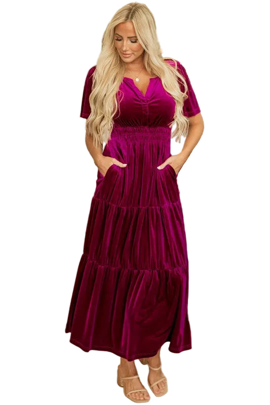 Women Short Sleeve Shirred Waist Tiered Maxi Dress