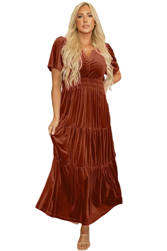 Women Short Sleeve Shirred Waist Tiered Maxi Dress