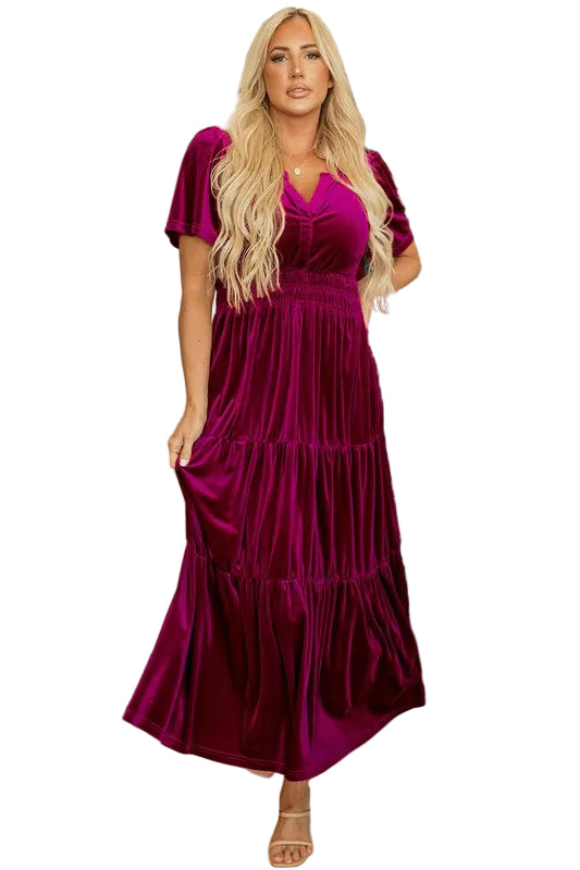 Women Short Sleeve Shirred Waist Tiered Maxi Dress