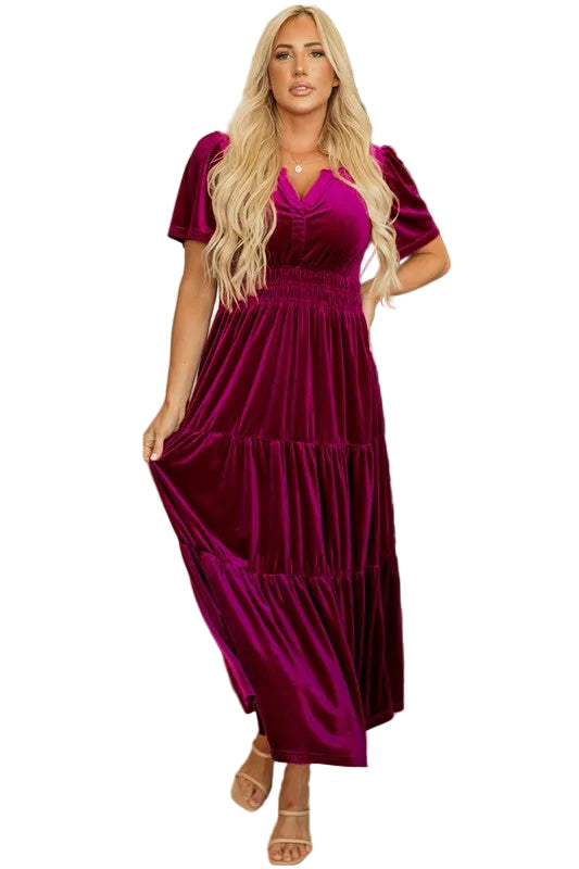 Women Short Sleeve Shirred Waist Tiered Maxi Dress