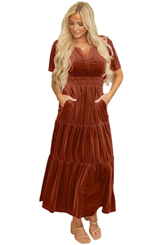 Women Short Sleeve Shirred Waist Tiered Maxi Dress