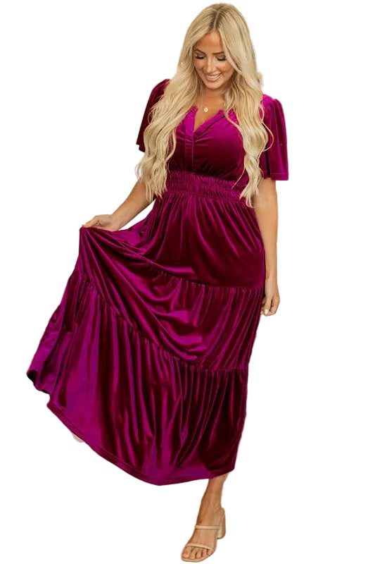 Women Short Sleeve Shirred Waist Tiered Maxi Dress
