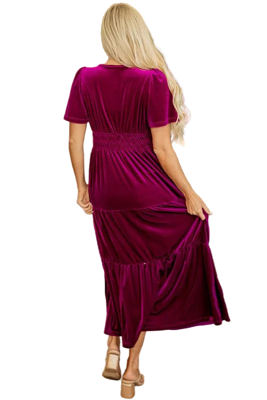 Women Short Sleeve Shirred Waist Tiered Maxi Dress