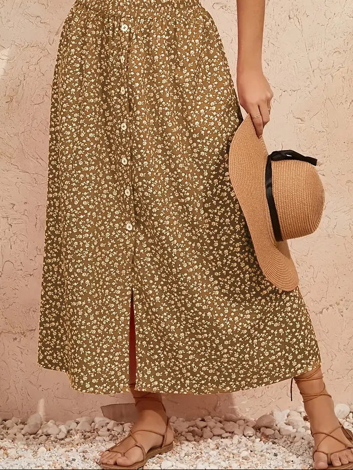 European And American Printed Breasted Self-tie Summer Pastoral A- Line Skirt Advanced Skirt