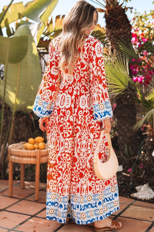 Lenora Boho Geometric Printed Long Sleeve Maxi Dre