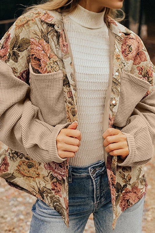 Floral Waffle Knit Patchwork Chest Pocket Buttoned