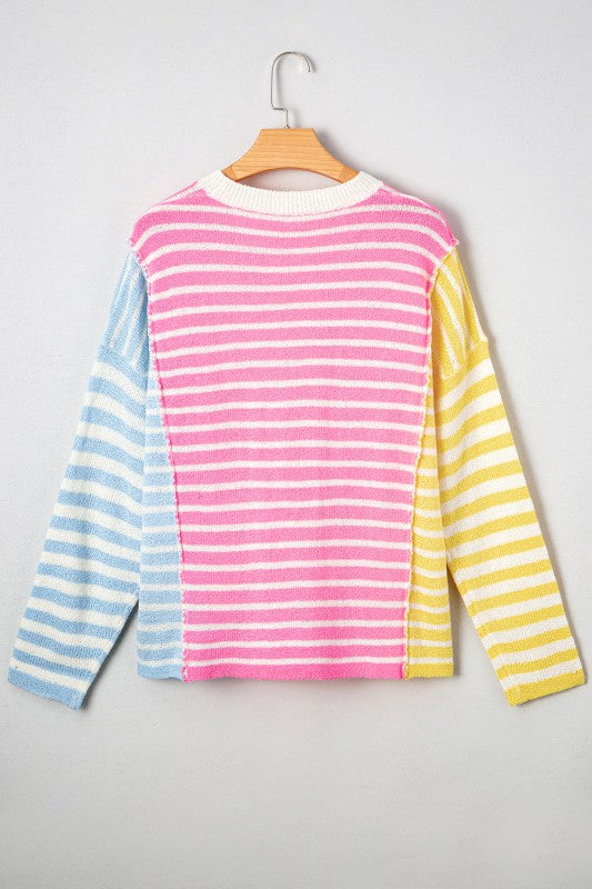 Esther Striped Patchwork Dolman Sleeve Slit Sweate
