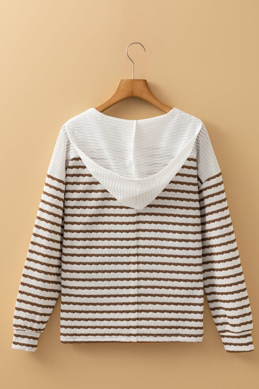 Stripe Textured Long Sleeve Hooded V-Neck Top