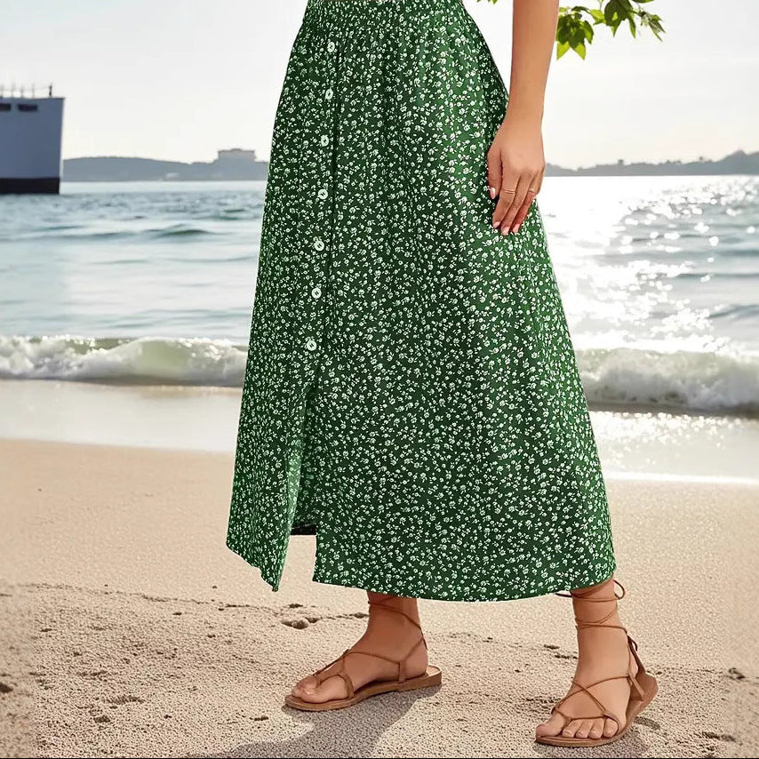 European And American Printed Breasted Self-tie Summer Pastoral A- Line Skirt Advanced Skirt