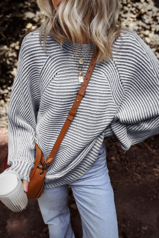 Stripe Ribbed Knit Boat Neck Sweater