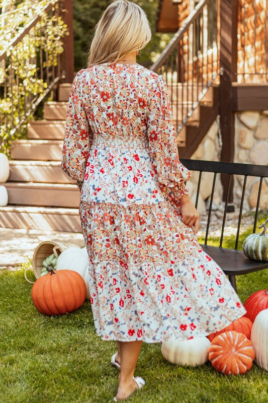 Floral V-Neck Ruffle Long Sleeve Midi Dress