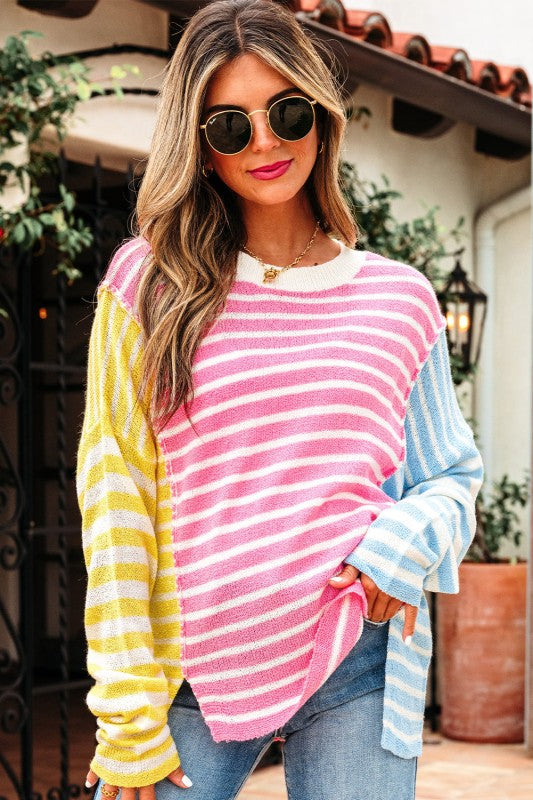 Esther Striped Patchwork Dolman Sleeve Slit Sweate
