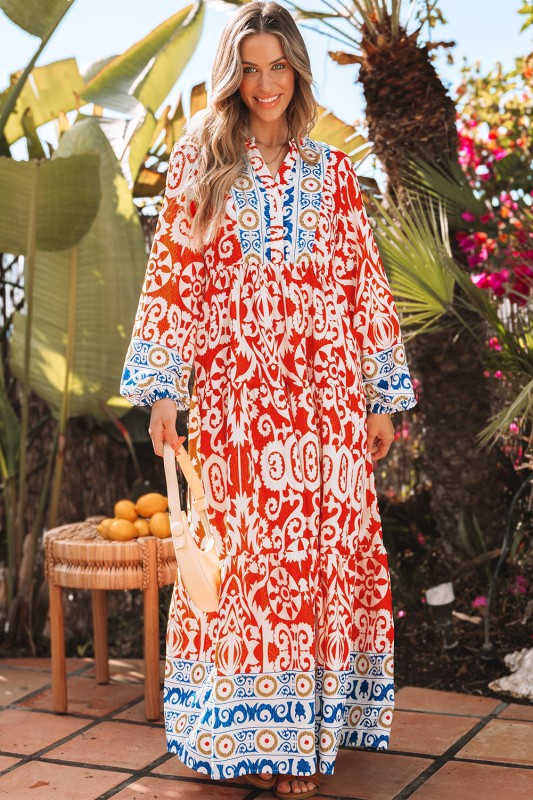 Lenora Boho Geometric Printed Long Sleeve Maxi Dre