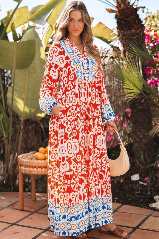 Lenora Boho Geometric Printed Long Sleeve Maxi Dre