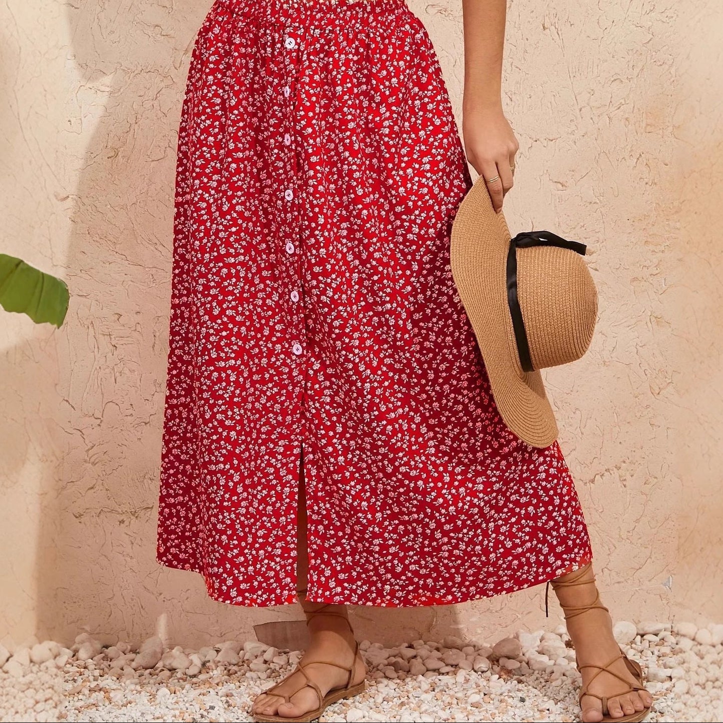 European And American Printed Breasted Self-tie Summer Pastoral A- Line Skirt Advanced Skirt