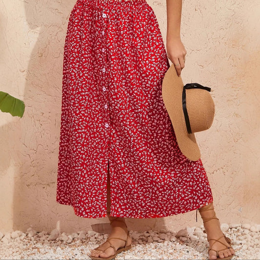 European And American Printed Breasted Self-tie Summer Pastoral A- Line Skirt Advanced Skirt