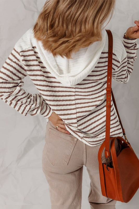 Stripe Textured Long Sleeve Hooded V-Neck Top