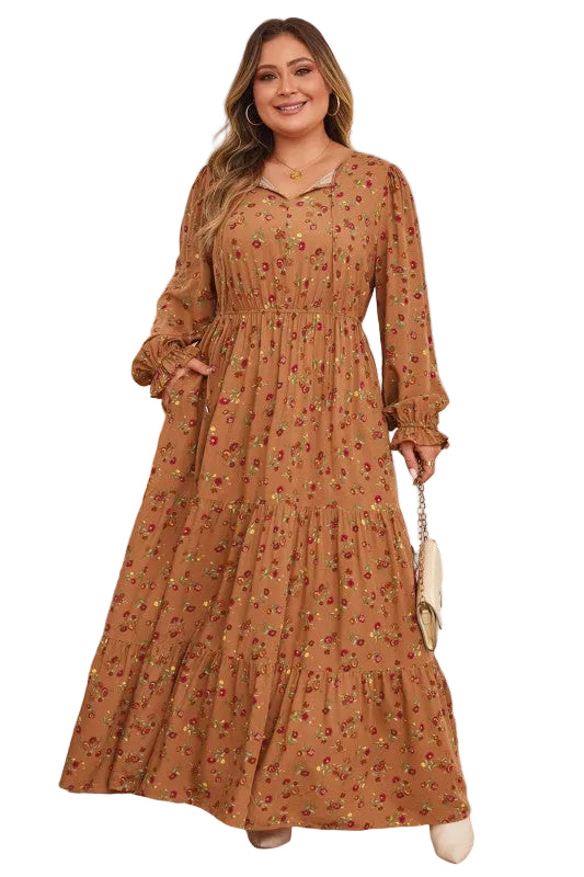 Plus Size Floral V-Neck Ruffle Sleeve Tiered Dress
