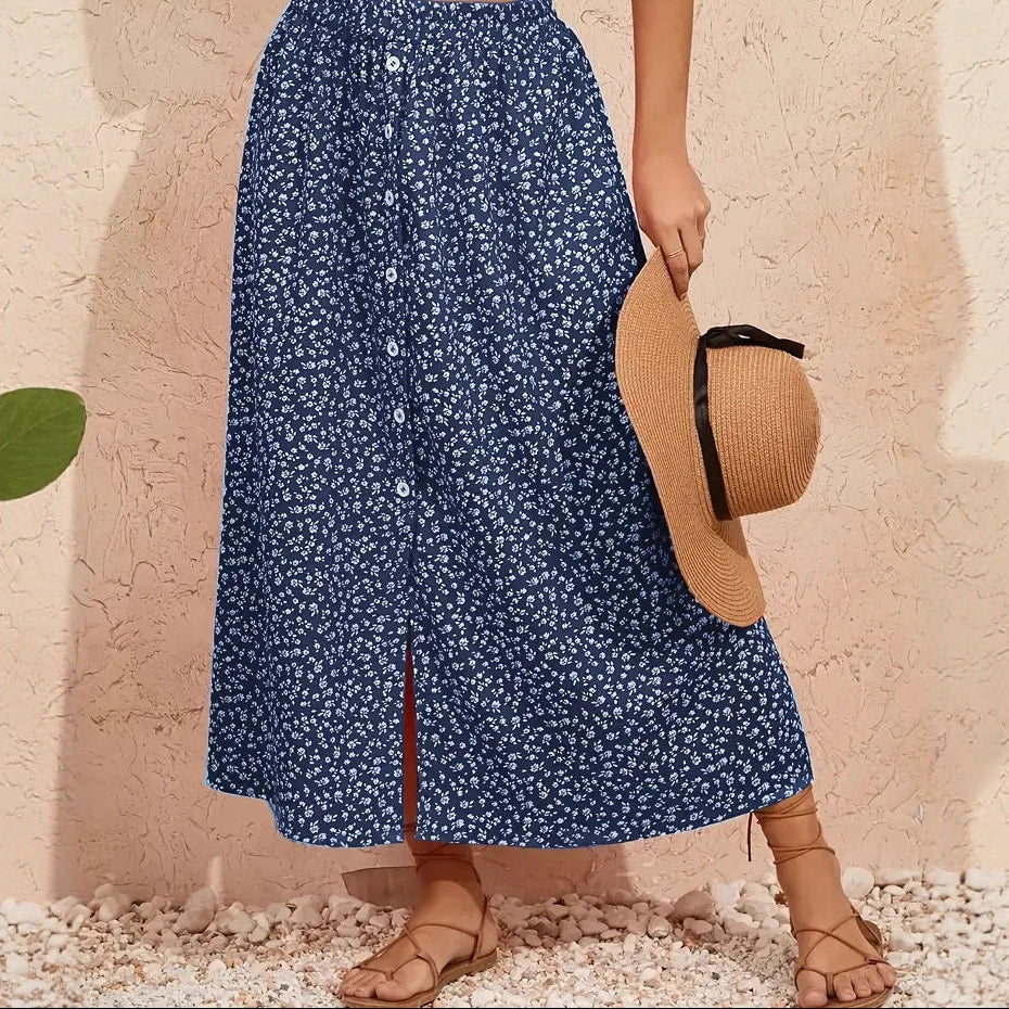 European And American Printed Breasted Self-tie Summer Pastoral A- Line Skirt Advanced Skirt