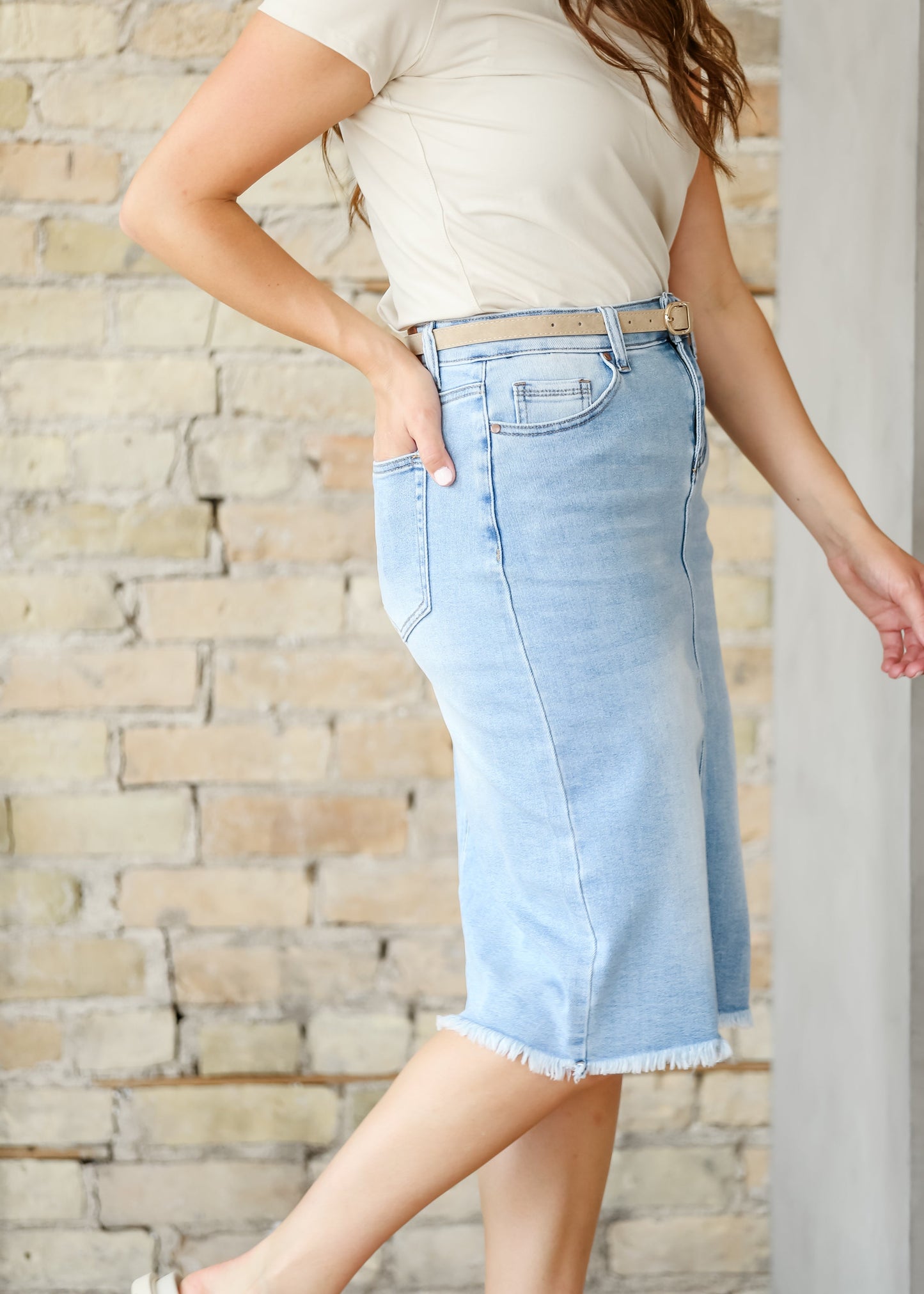 Drew Raw Hem Midi Denim Skirt